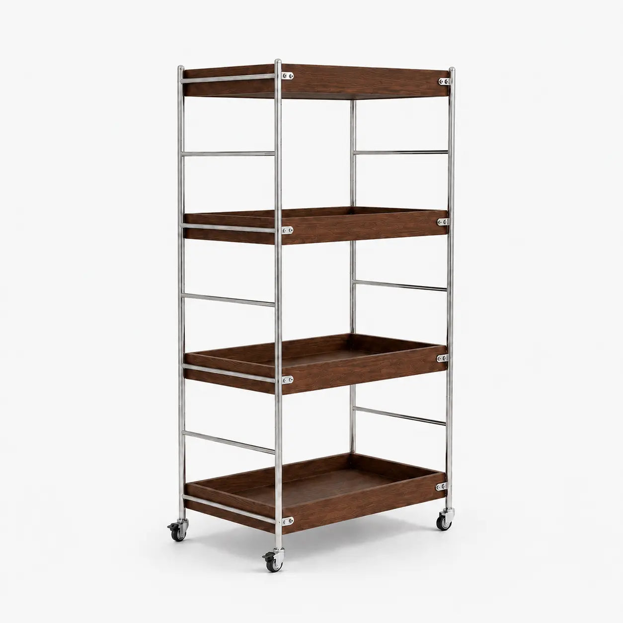 Solid Wood Rolling Cart with Wheels – 4-Tier Walnut Storage Shelves & Mobile Utility Organizer Rack for Apartments