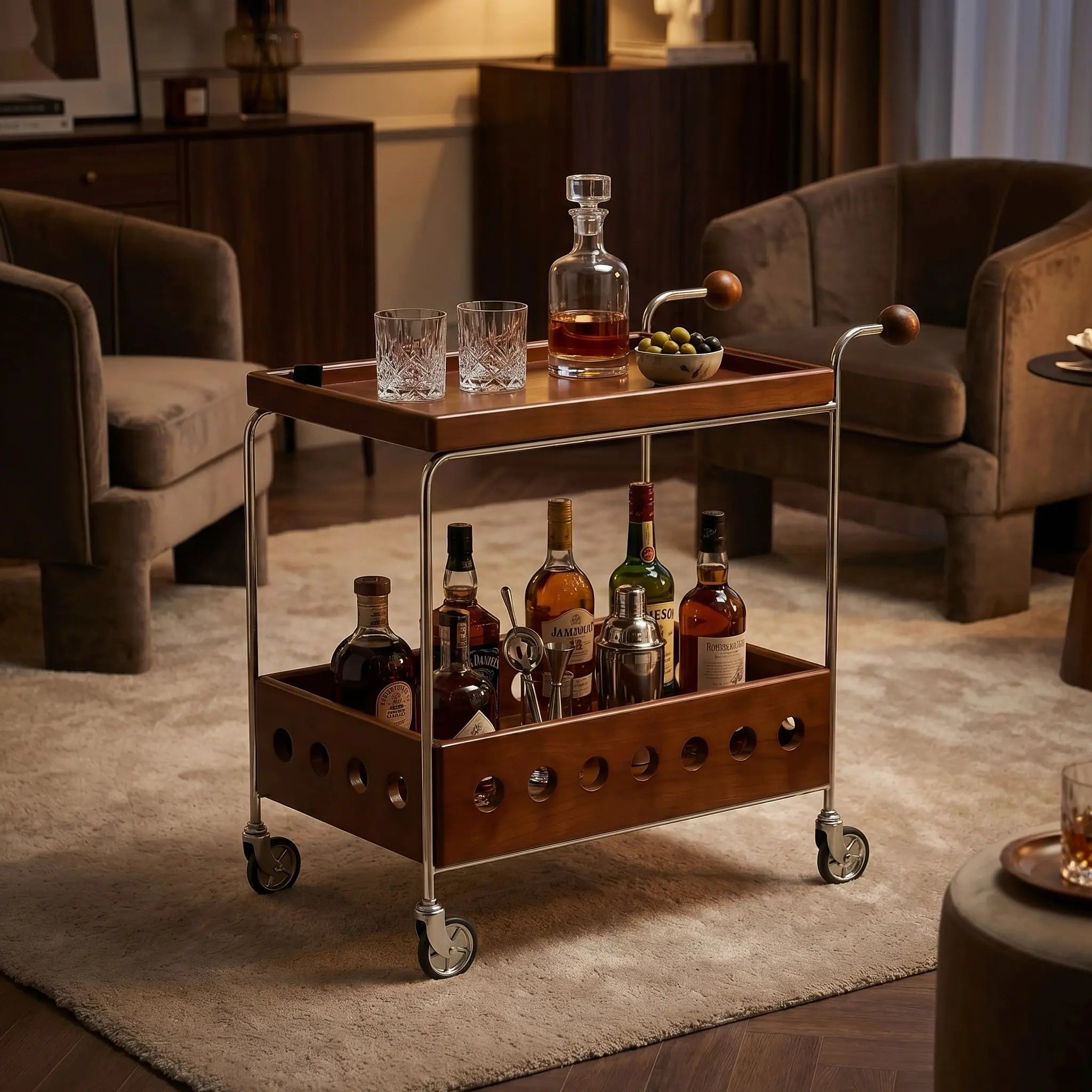 Orin Rolling Serving Cart with Wheels – 2-Tier Solid Wood Kitchen Storage & Mobile Beverage Utility Bar Cart Organizer