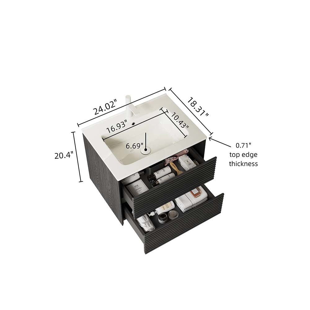 24" Wall-Mounted Dark Oak Bathroom Vanity with Sink No Faucet