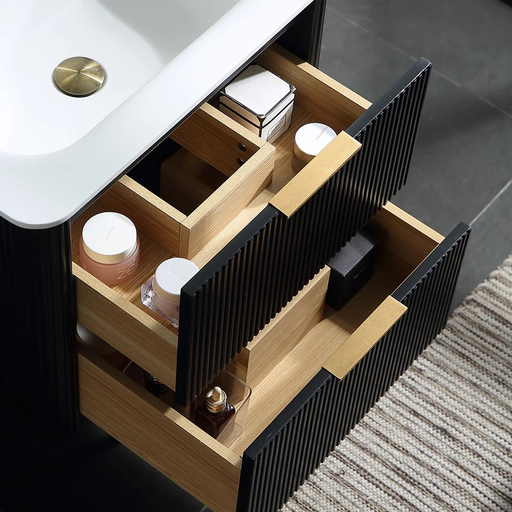 24 Inch Wall-mounted Reeded Oak Bathroom Vanity with Single Sink