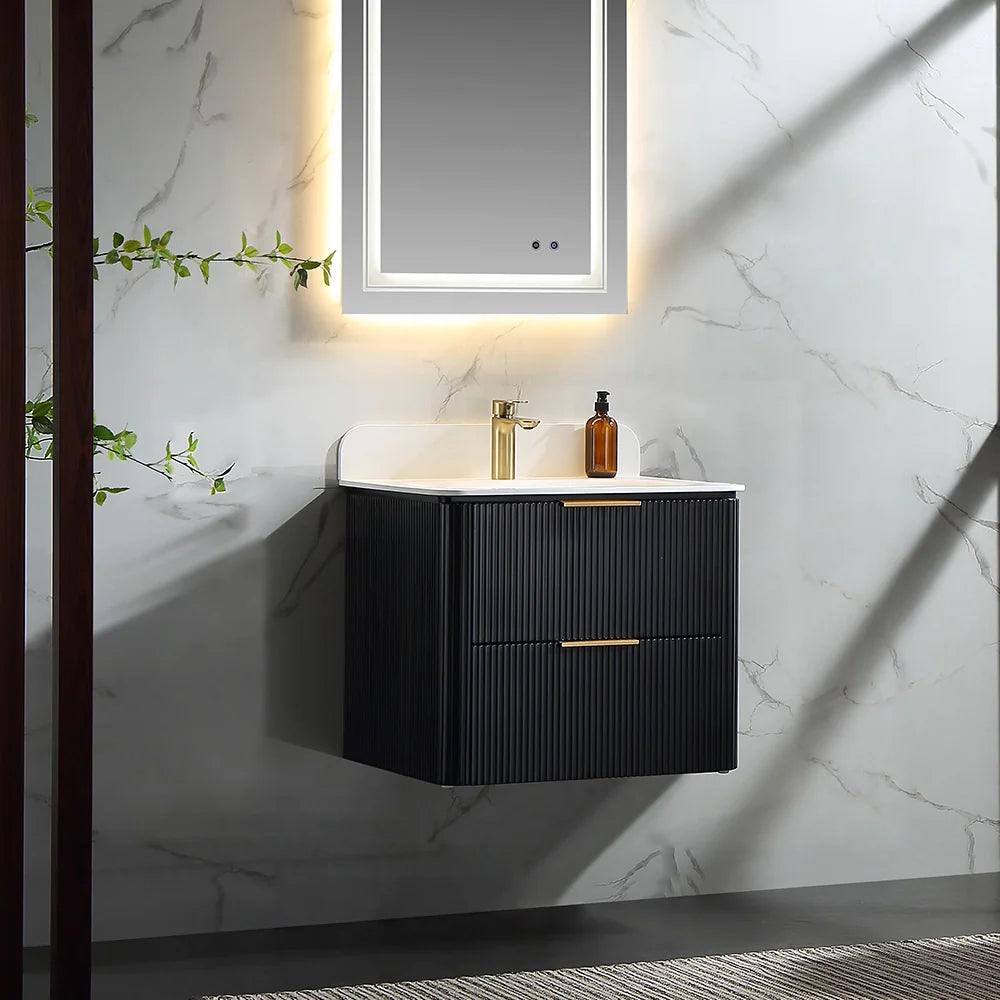 24 Inch Wall-mounted Reeded Oak Bathroom Vanity with Single Sink