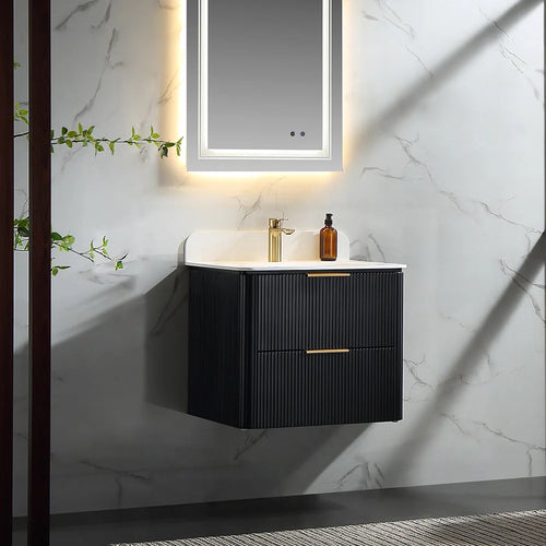 24 Inch Wall-mounted Reeded Oak Bathroom Vanity with Single Sink