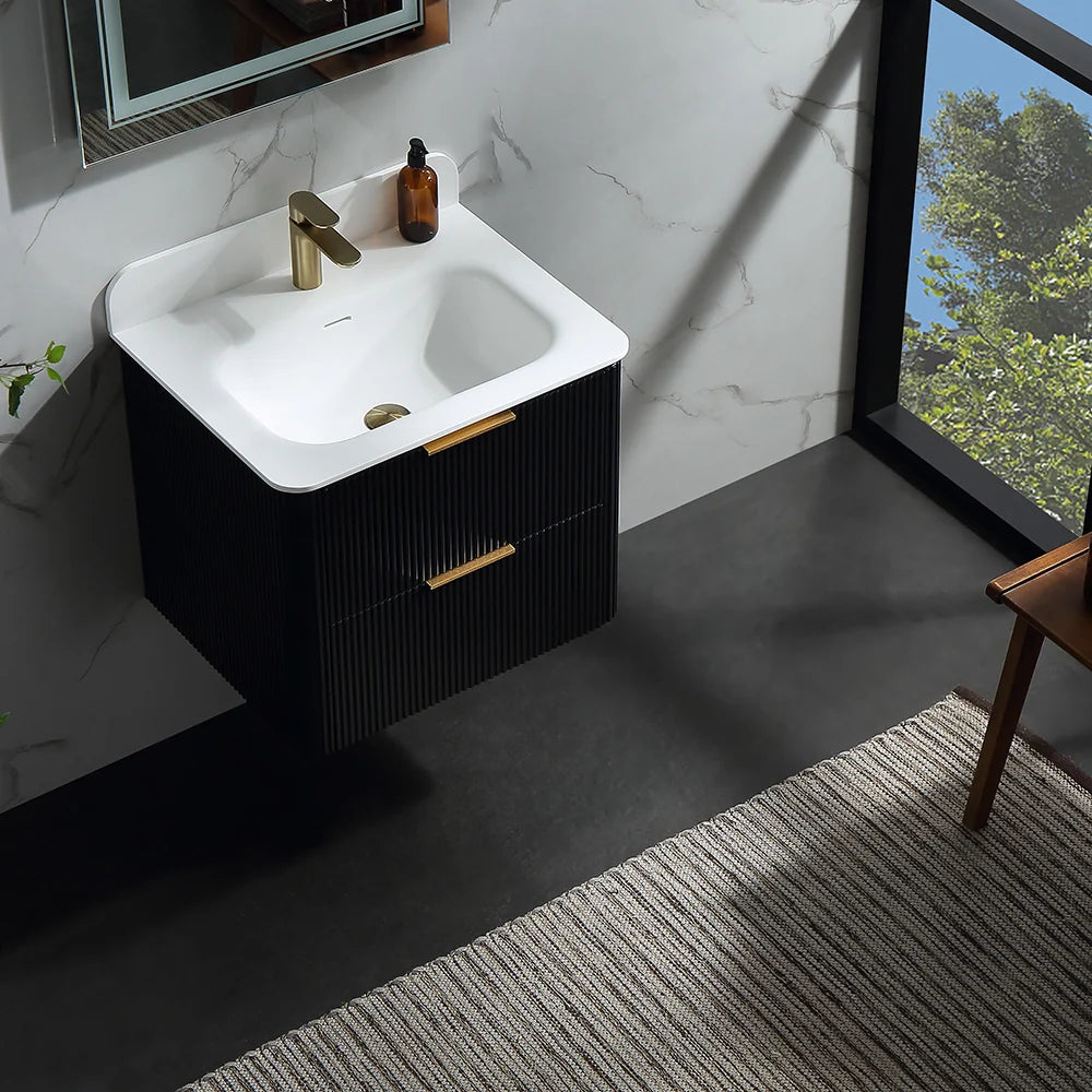 24 Inch Wall-mounted Reeded Oak Bathroom Vanity with Single Sink