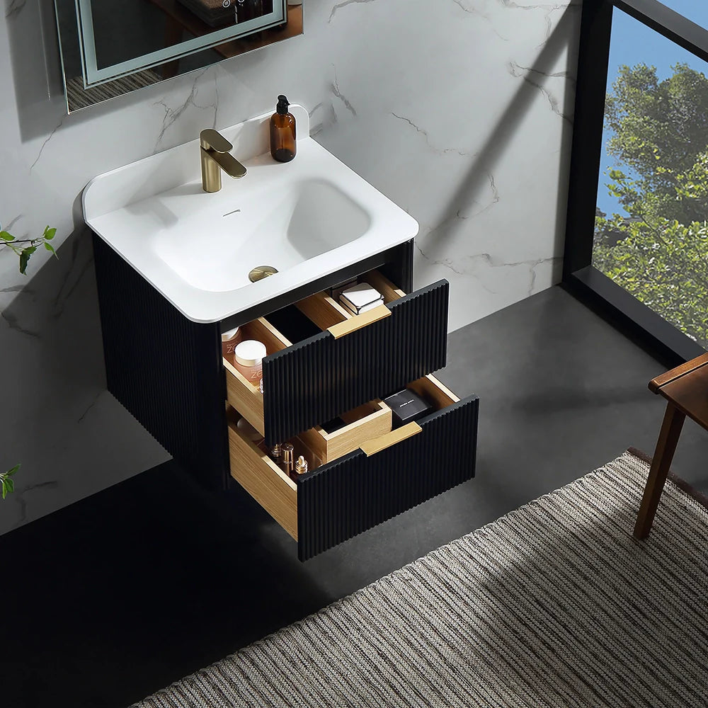 24 Inch Wall-mounted Reeded Oak Bathroom Vanity with Single Sink