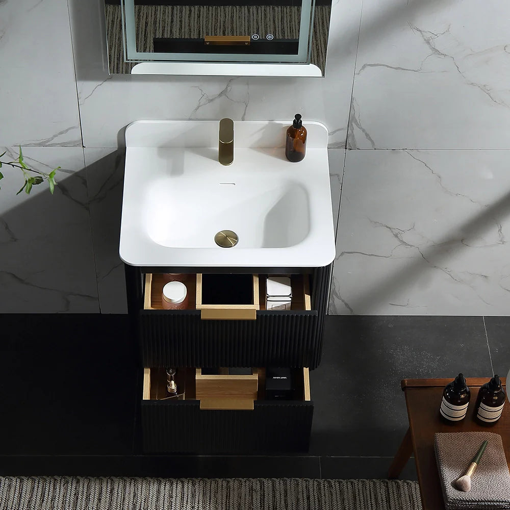 24 Inch Wall-mounted Reeded Oak Bathroom Vanity with Single Sink