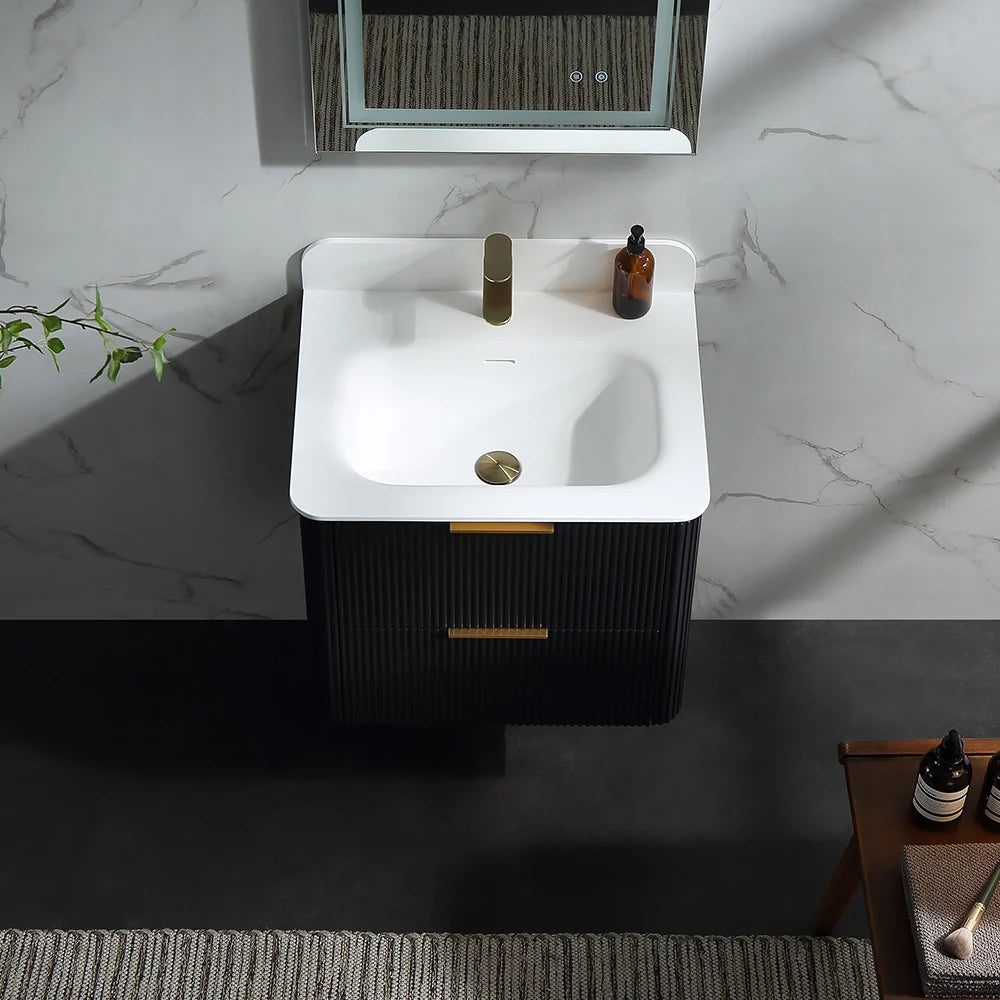 24 Inch Wall-mounted Reeded Oak Bathroom Vanity with Single Sink