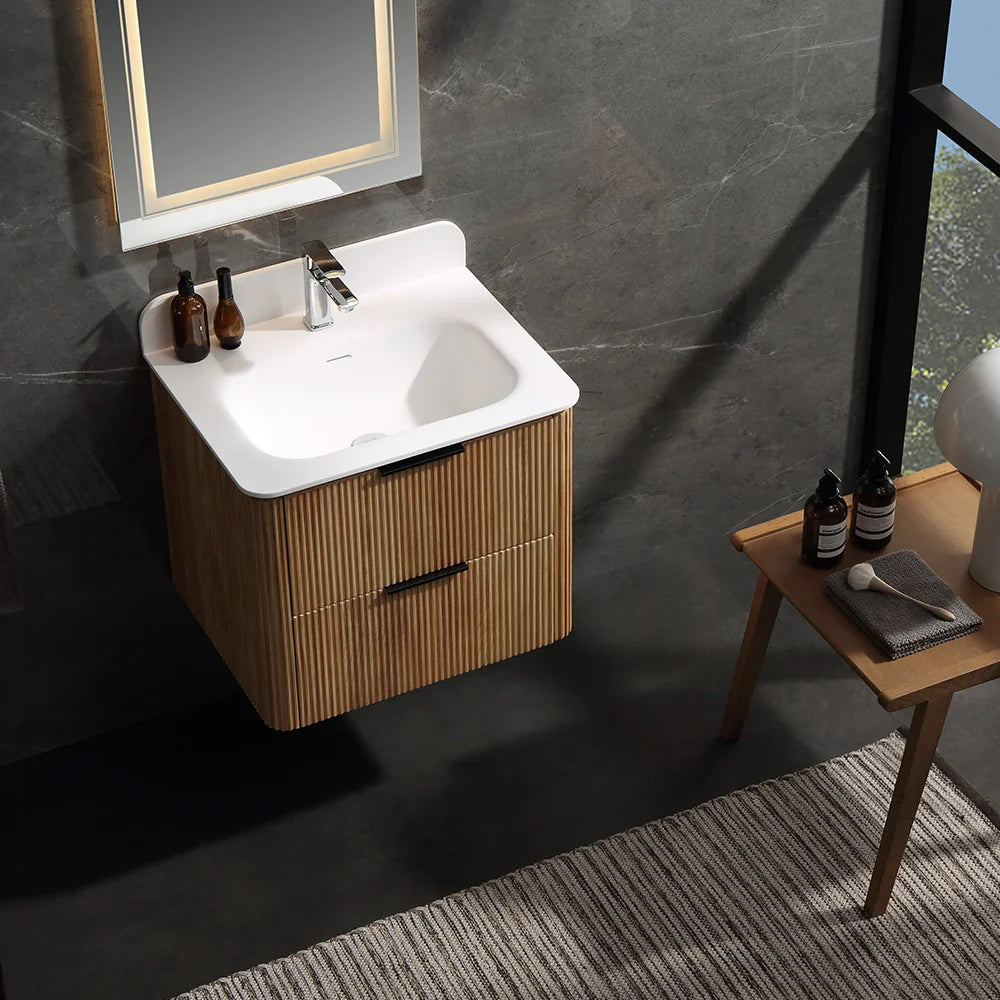 24 Inch Wall-mounted Reeded Oak Bathroom Vanity with Single Sink