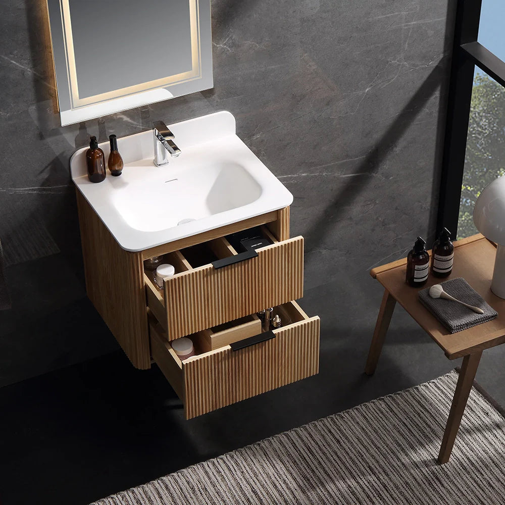 24 Inch Wall-mounted Reeded Oak Bathroom Vanity with Single Sink