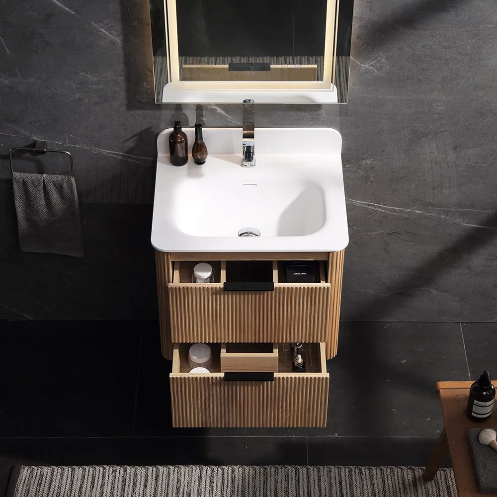 24 Inch Wall-mounted Reeded Oak Bathroom Vanity with Single Sink