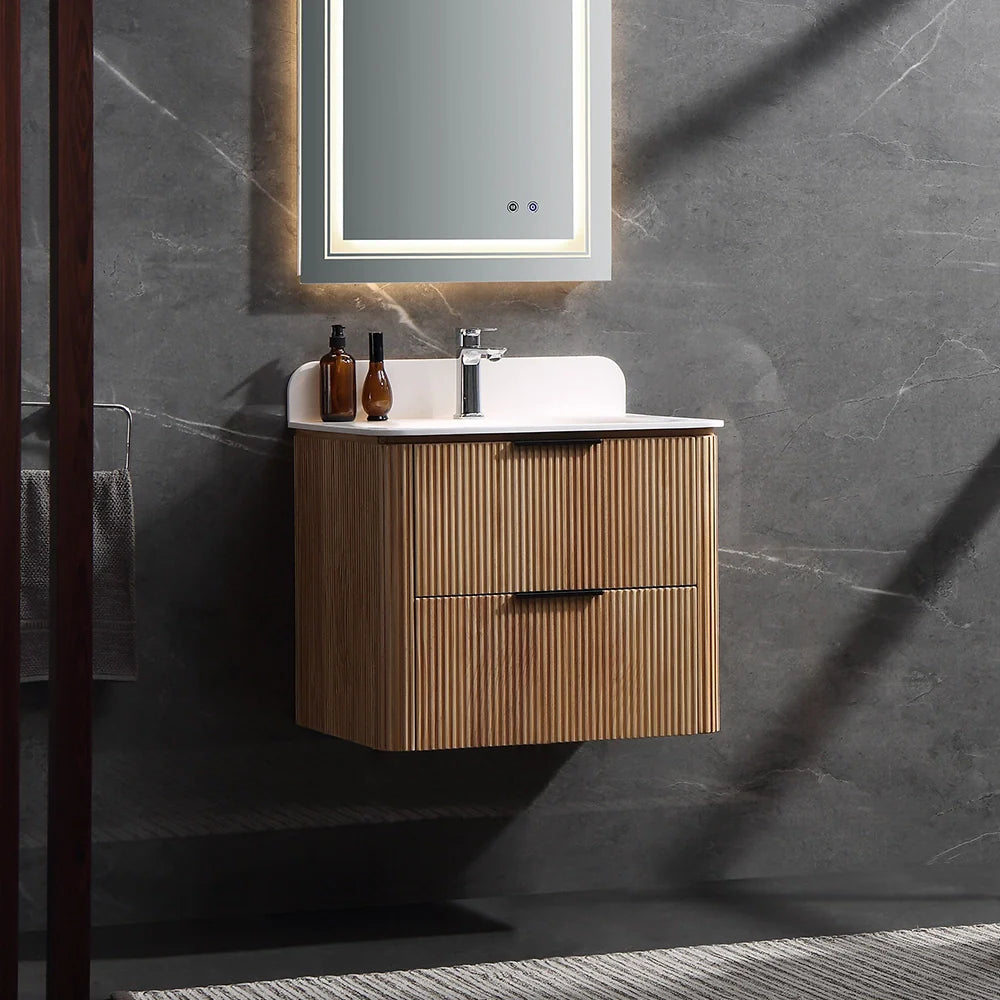 24 Inch Wall-mounted Reeded Oak Bathroom Vanity with Single Sink