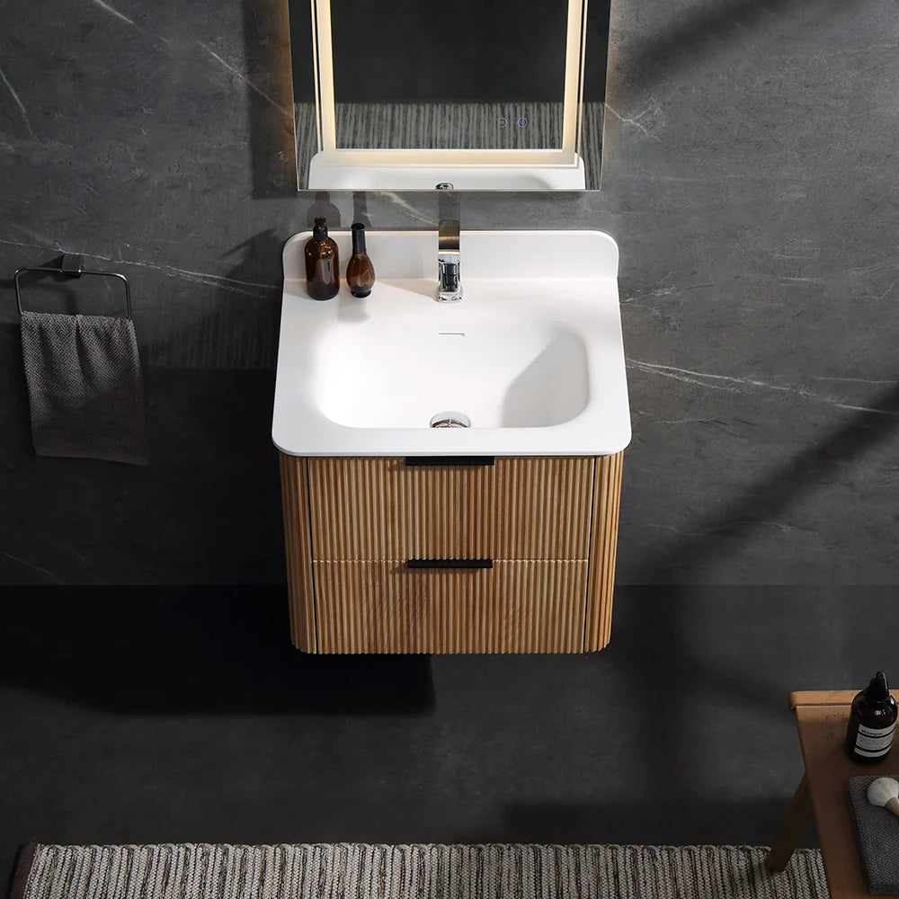 24 Inch Wall-mounted Reeded Oak Bathroom Vanity with Single Sink