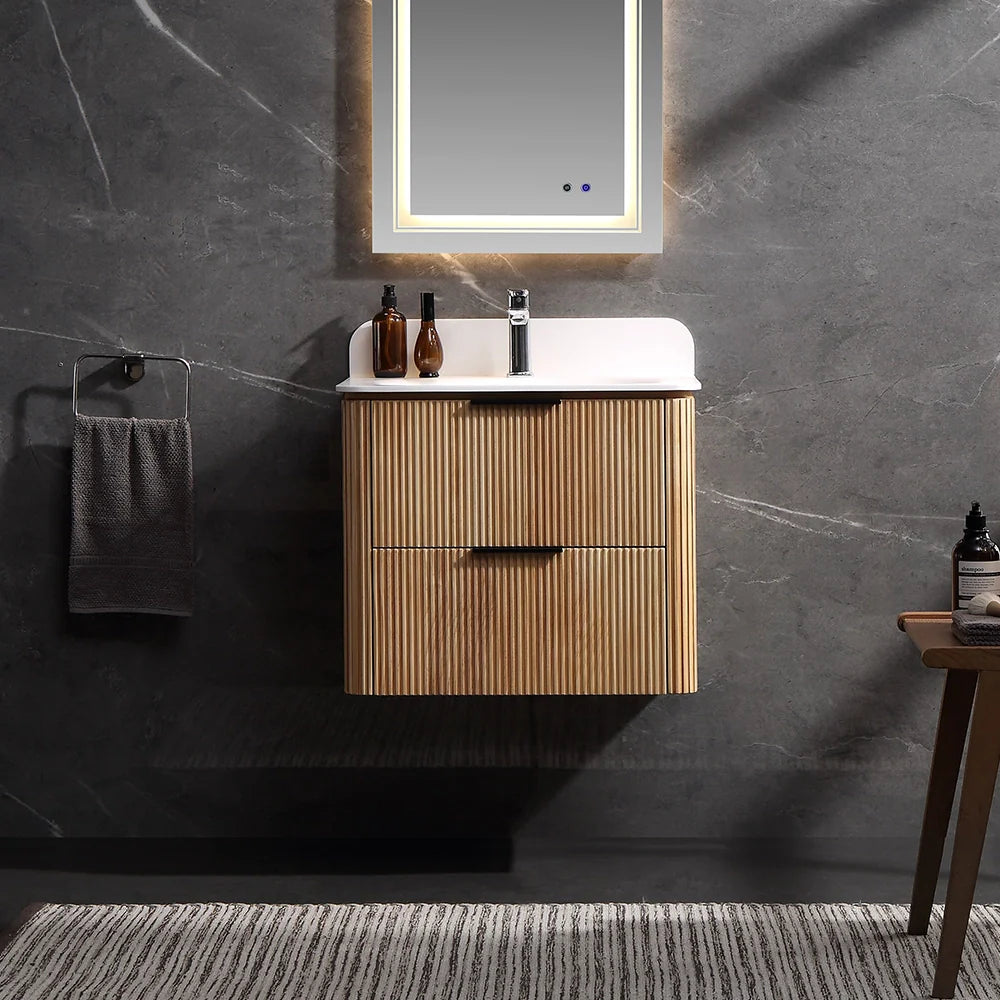 24 Inch Wall-mounted Reeded Oak Bathroom Vanity with Single Sink