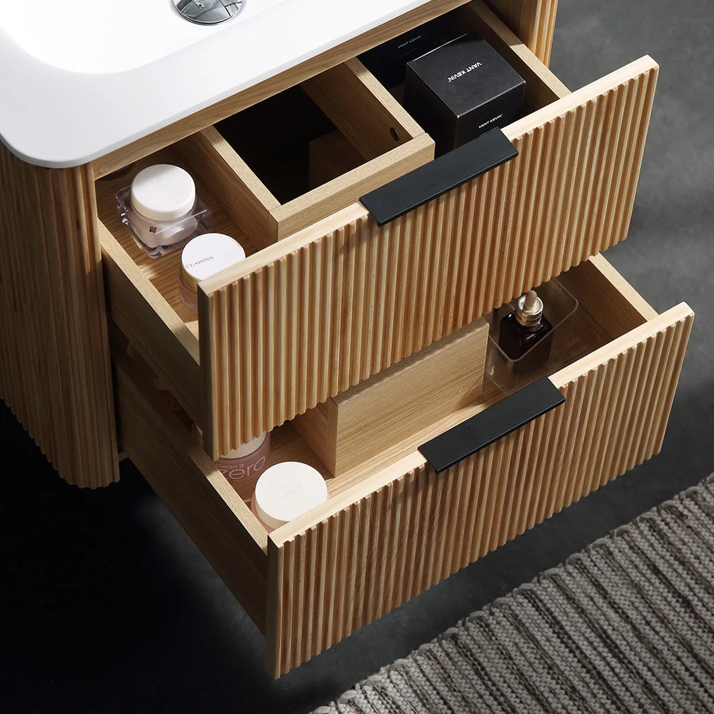 24 Inch Wall-mounted Reeded Oak Bathroom Vanity with Single Sink