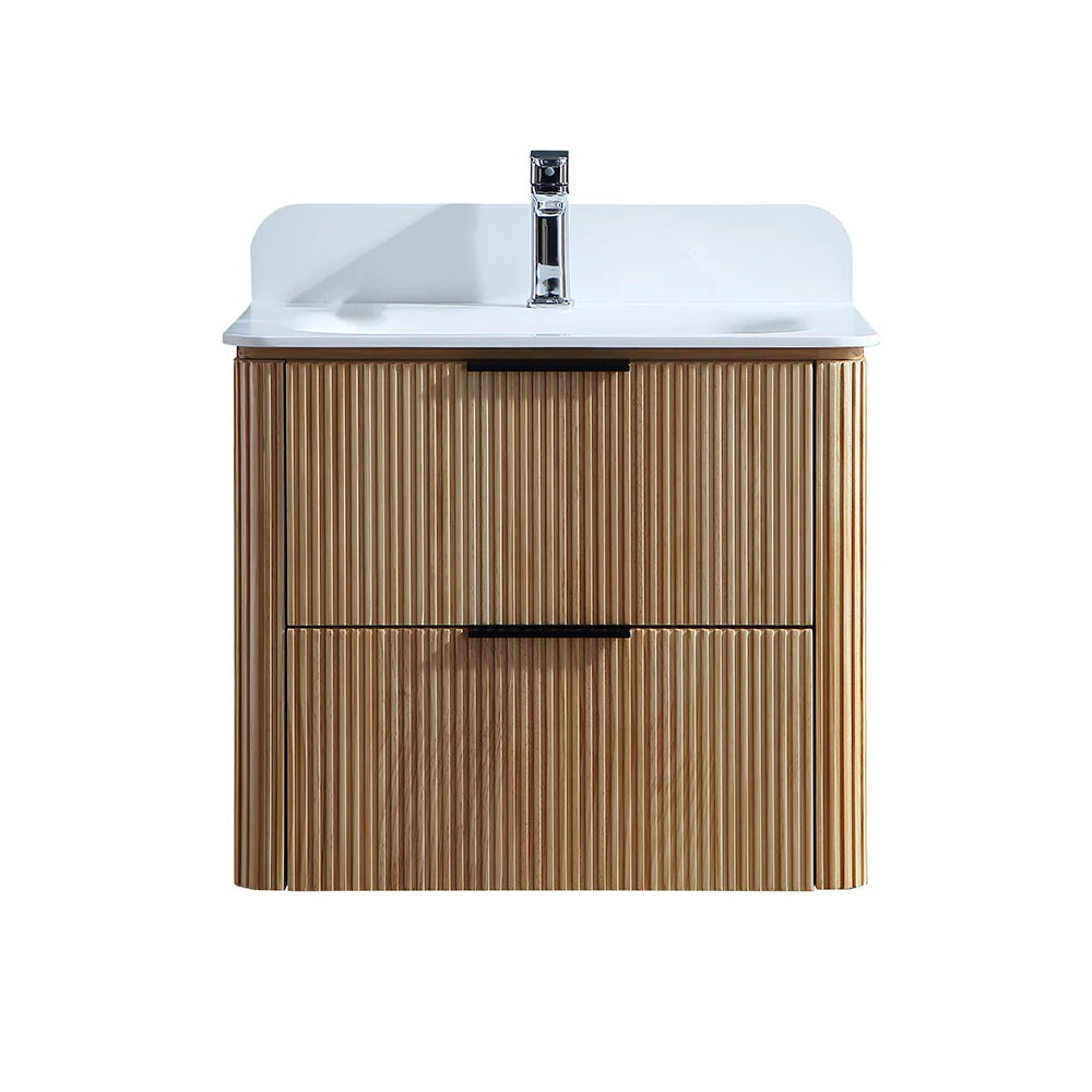 24 Inch Wall-mounted Reeded Oak Bathroom Vanity with Single Sink