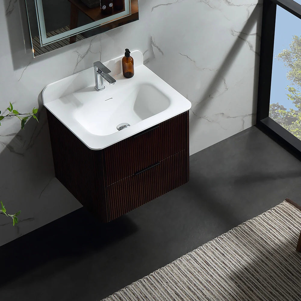 24 Inch Wall-mounted Reeded Oak Bathroom Vanity with Single Sink