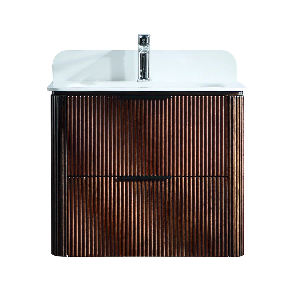 24 Inch Wall-mounted Reeded Oak Bathroom Vanity with Single Sink