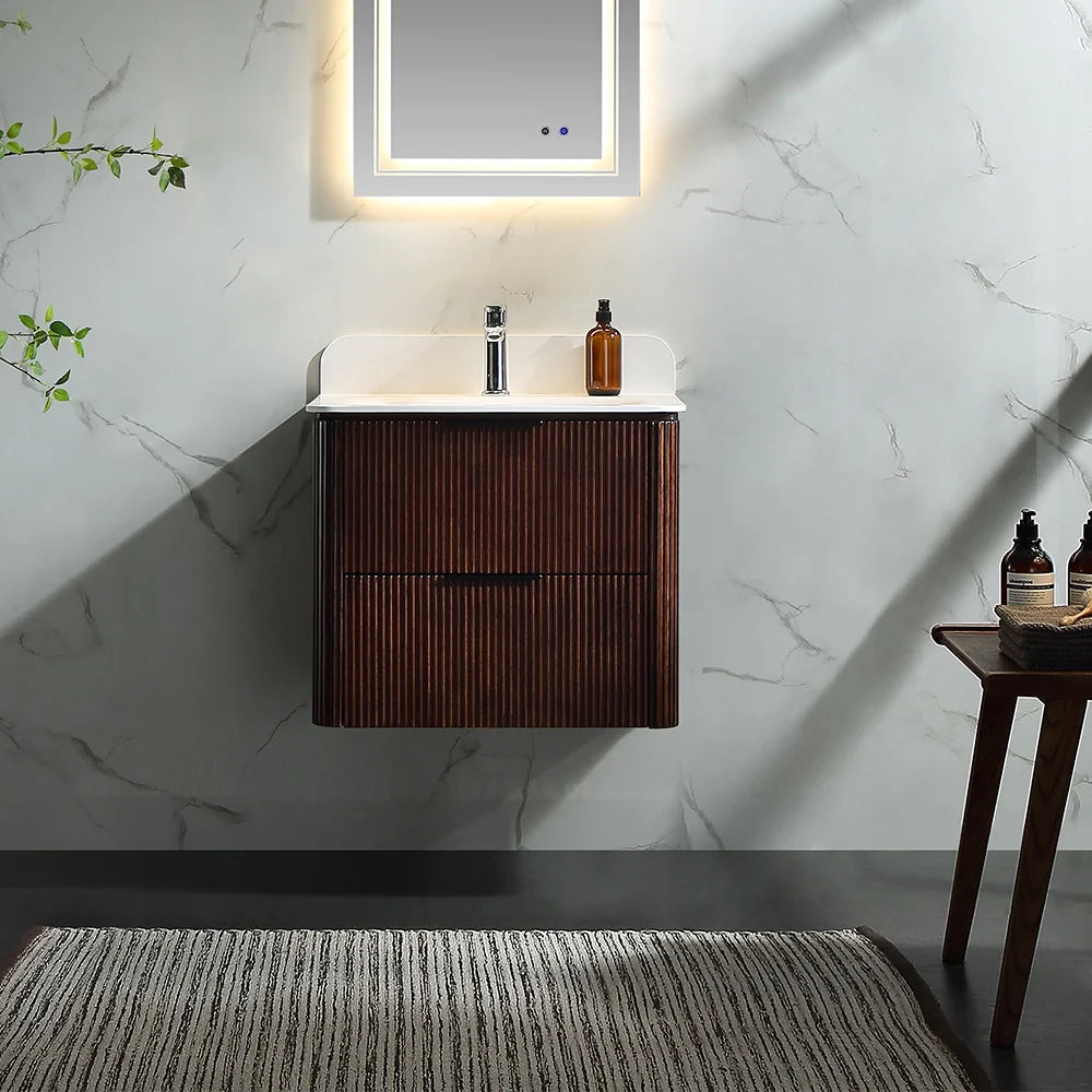 24 Inch Wall-mounted Reeded Oak Bathroom Vanity with Single Sink