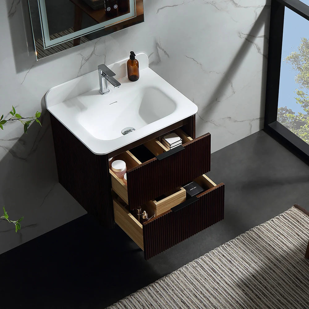 24 Inch Wall-mounted Reeded Oak Bathroom Vanity with Single Sink