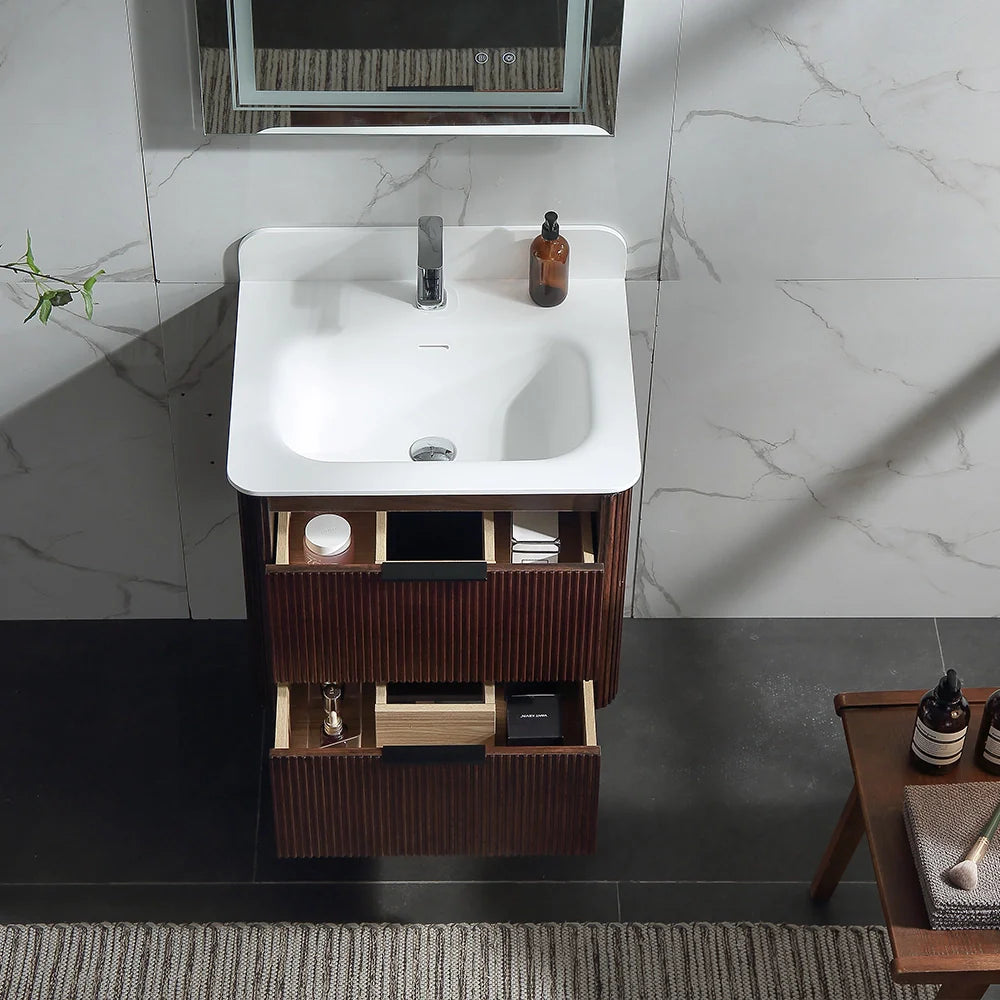 24 Inch Wall-mounted Reeded Oak Bathroom Vanity with Single Sink