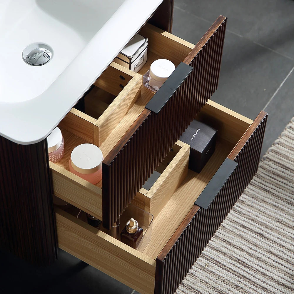 24 Inch Wall-mounted Reeded Oak Bathroom Vanity with Single Sink