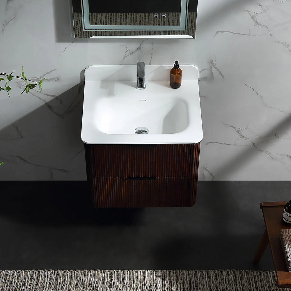 24 Inch Wall-mounted Reeded Oak Bathroom Vanity with Single Sink