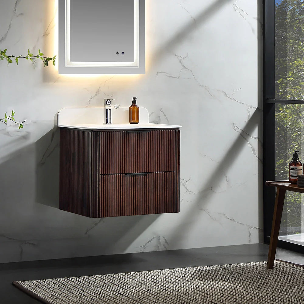 24 Inch Wall-mounted Reeded Oak Bathroom Vanity with Single Sink