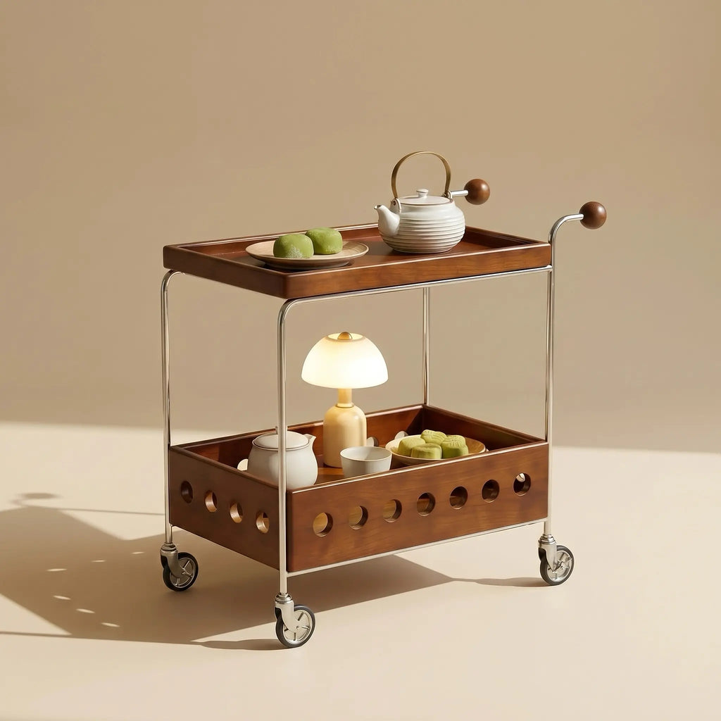 Orin Rolling Serving Cart with Wheels – 2-Tier Solid Wood Kitchen Storage & Mobile Beverage Utility Bar Cart Organizer