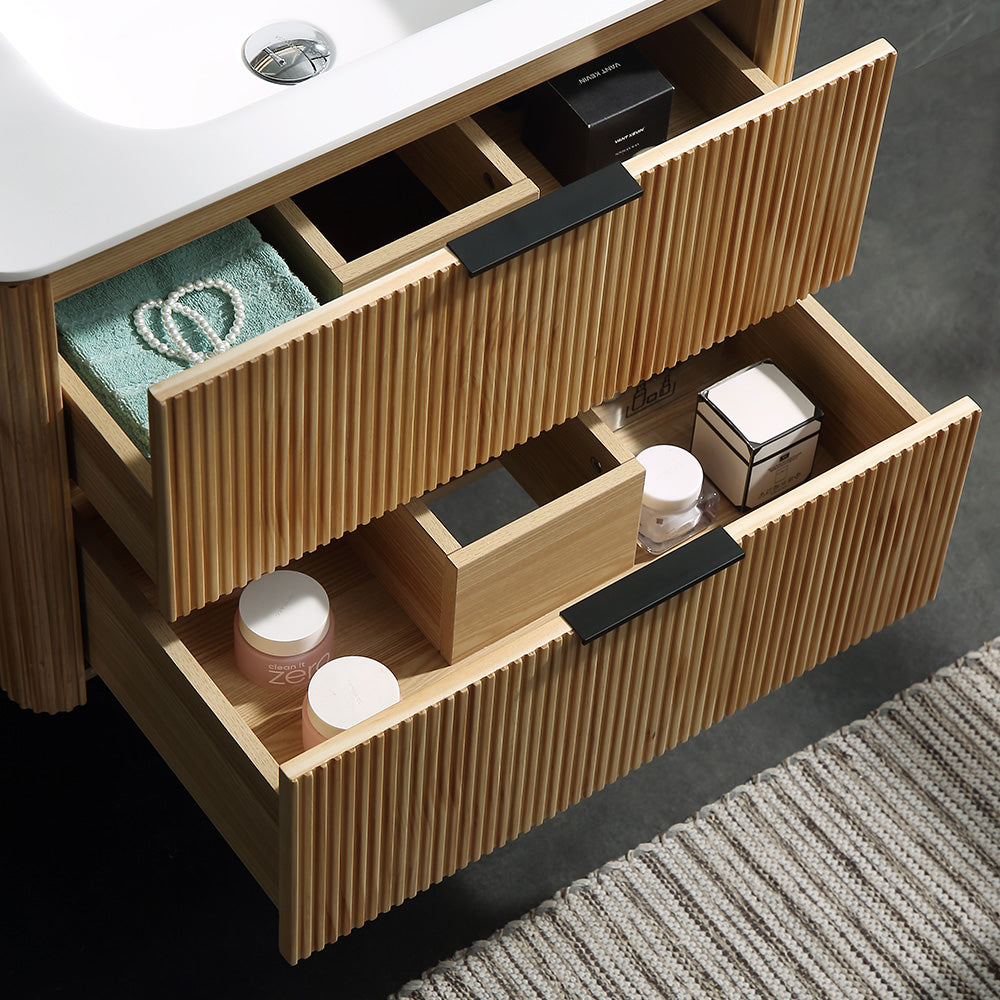 30 Inch Wall-mounted Reeded Oak Bathroom Vanity with Single Sink