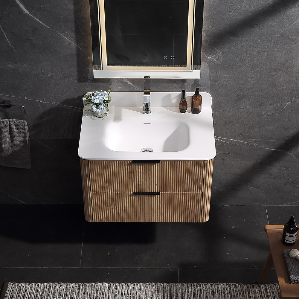 30 Inch Wall-mounted Reeded Oak Bathroom Vanity with Single Sink