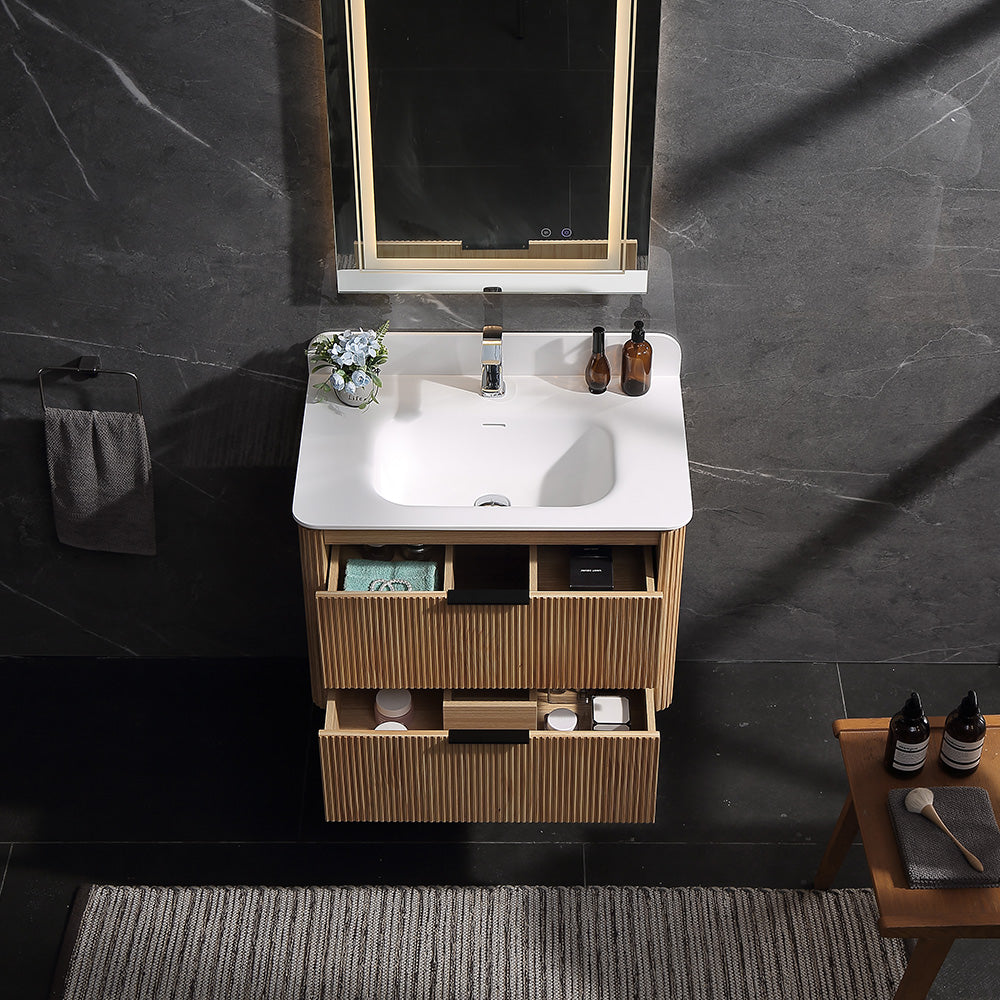 30 Inch Wall-mounted Reeded Oak Bathroom Vanity with Single Sink