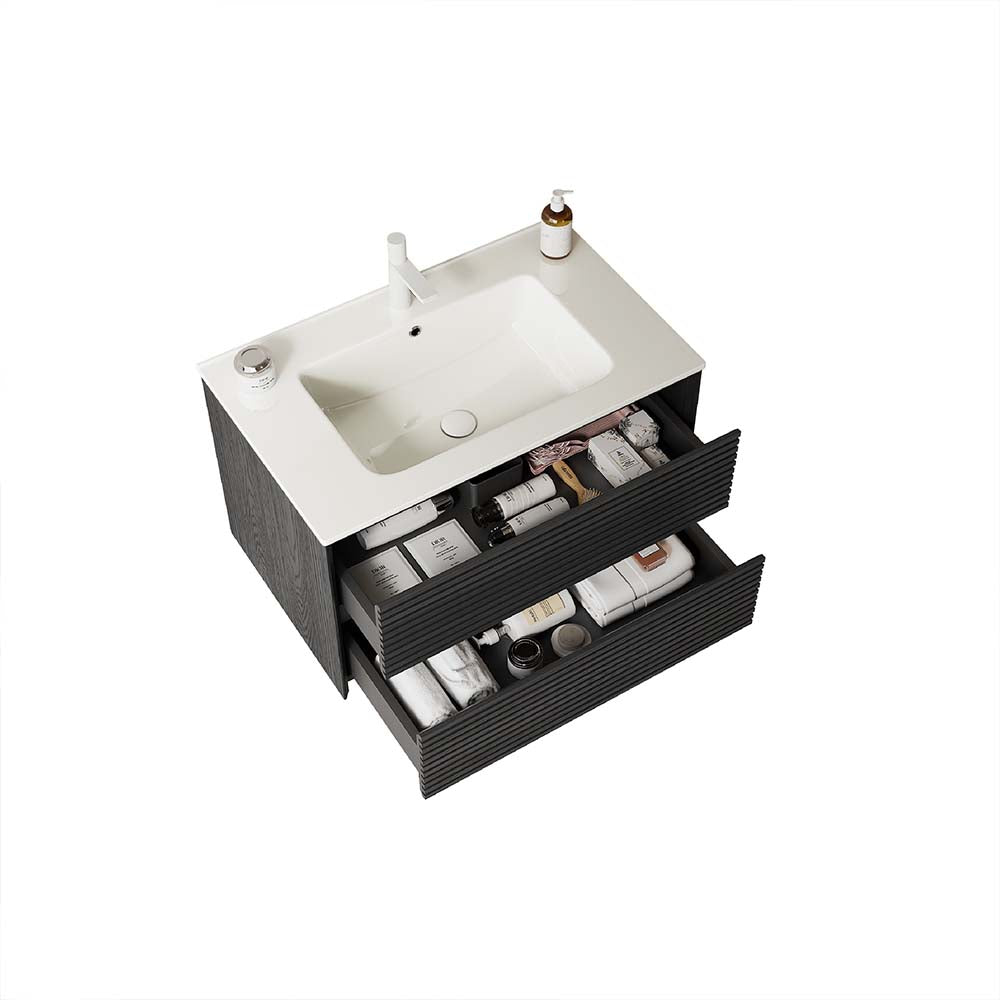 30" Wall-Mounted Dark Oak Bathroom Vanity with Sink No Faucet