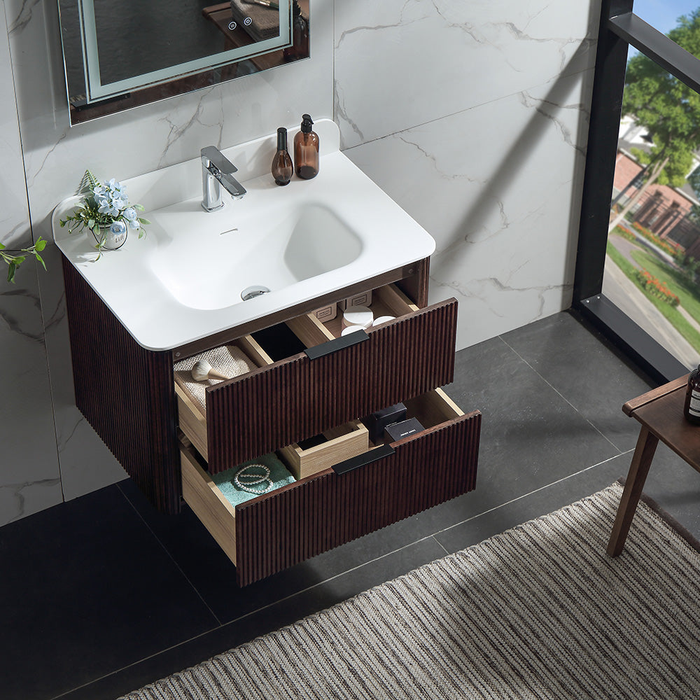 30 Inch Wall-mounted Reeded Oak Bathroom Vanity with Single Sink