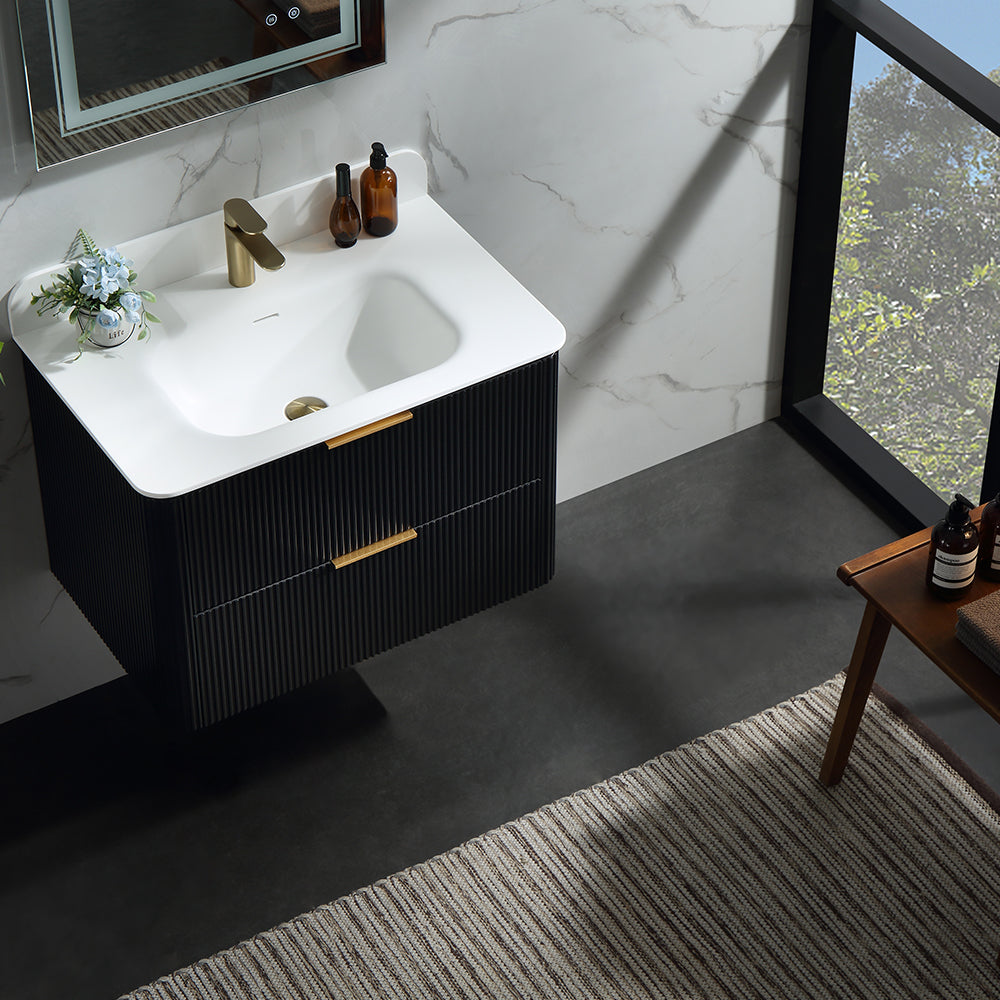 30 Inch Wall-mounted Reeded Oak Bathroom Vanity with Single Sink