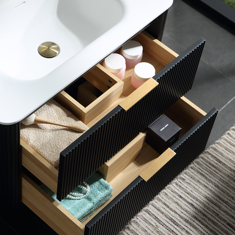 30 Inch Wall-mounted Reeded Oak Bathroom Vanity with Single Sink