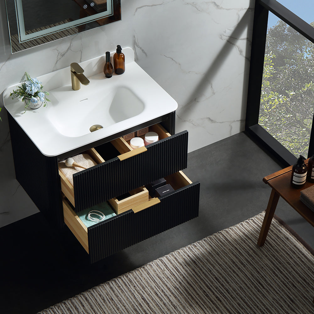 30 Inch Wall-mounted Reeded Oak Bathroom Vanity with Single Sink