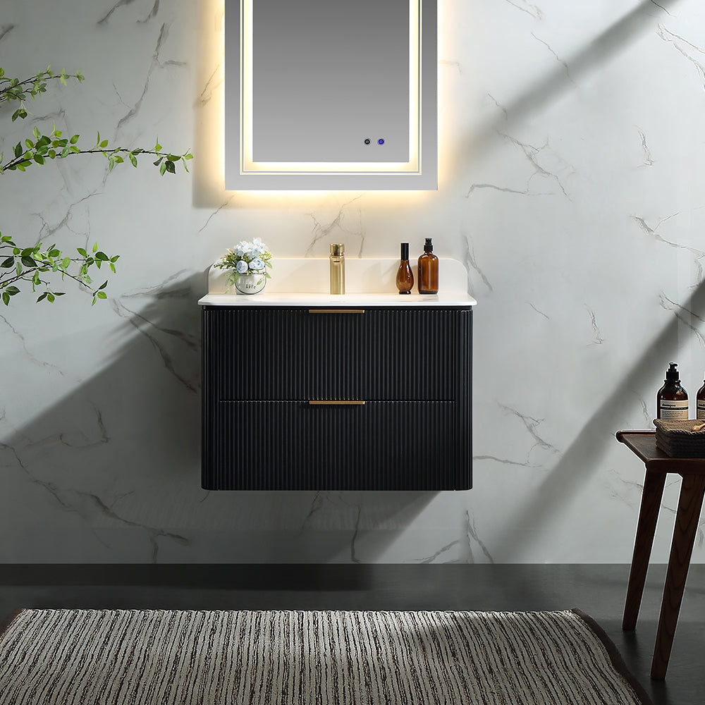30 Inch Wall-mounted Reeded Oak Bathroom Vanity with Single Sink