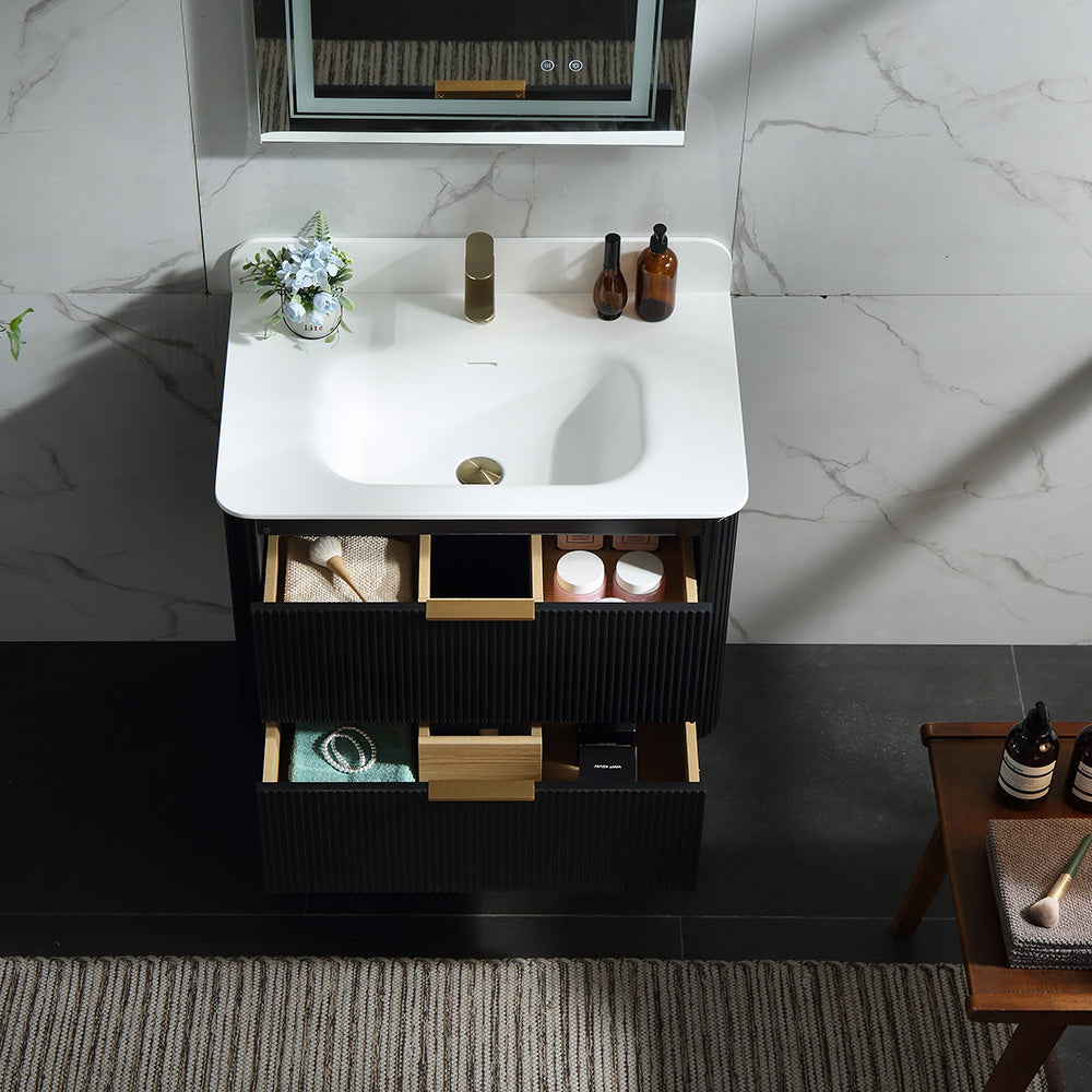 30 Inch Wall-mounted Reeded Oak Bathroom Vanity with Single Sink