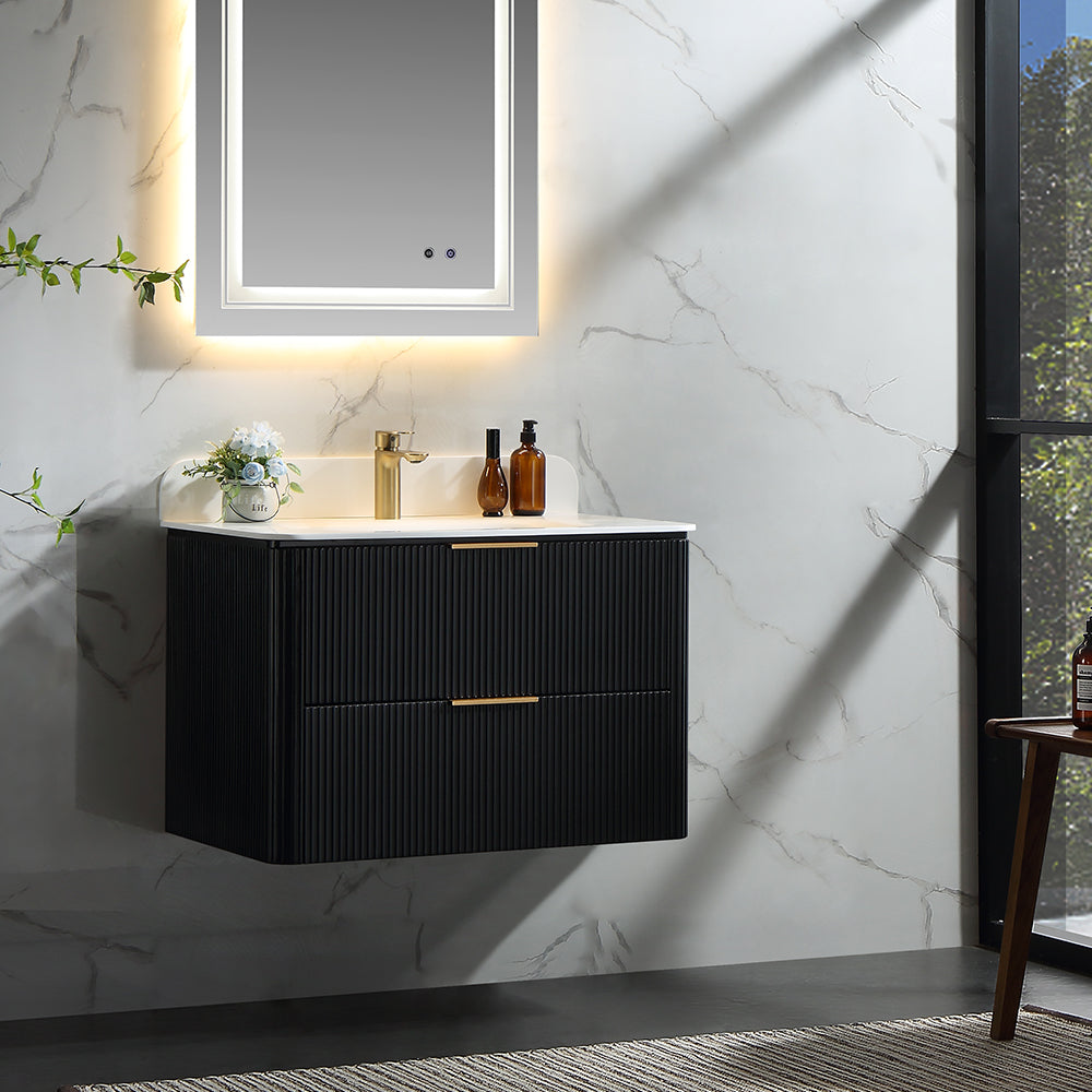 30 Inch Wall-mounted Reeded Oak Bathroom Vanity with Single Sink