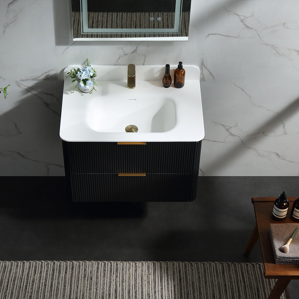 30 Inch Wall-mounted Reeded Oak Bathroom Vanity with Single Sink