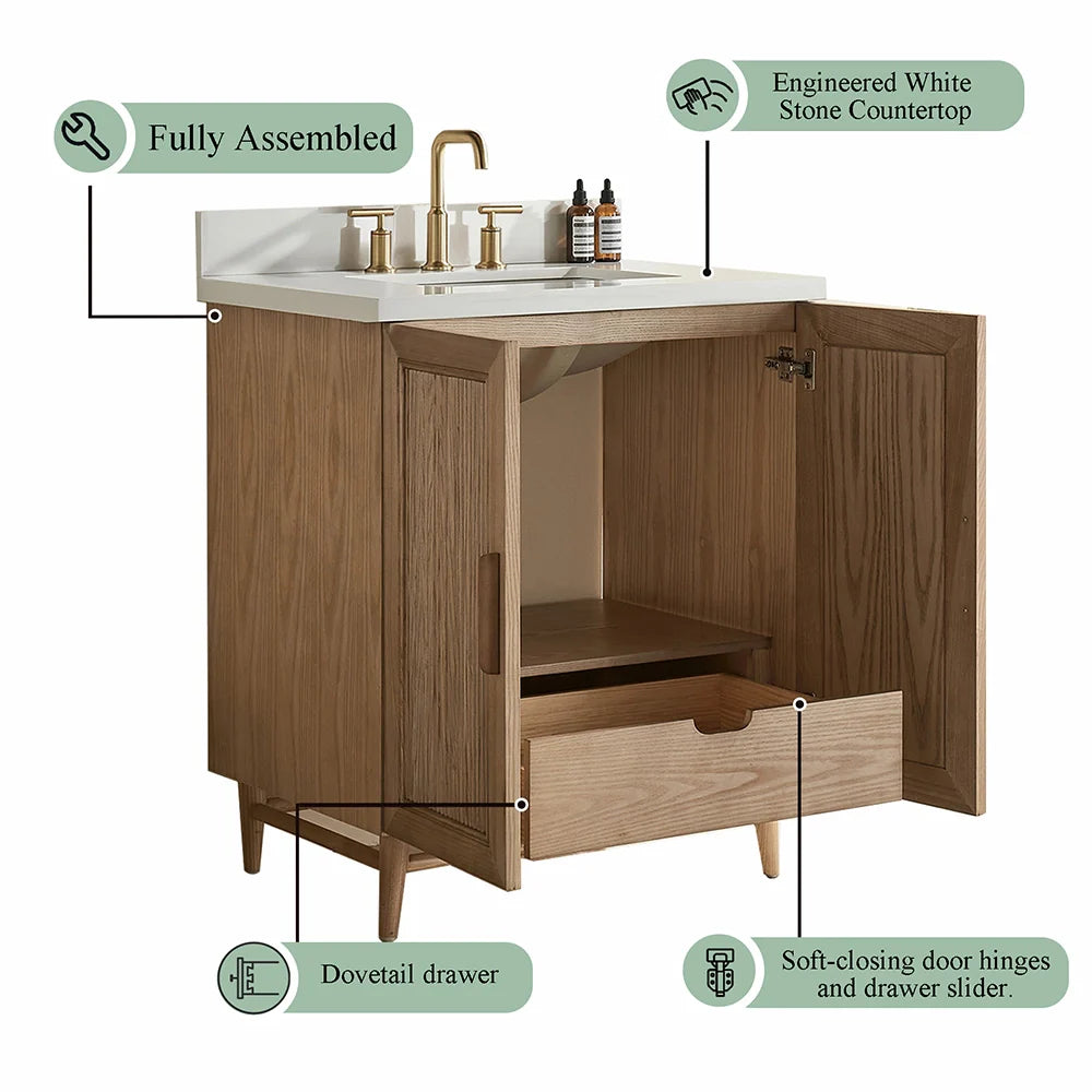 Fully Assembled 30 Inch Light Coffee Freestanding Bathroom Vanity with Single Sink