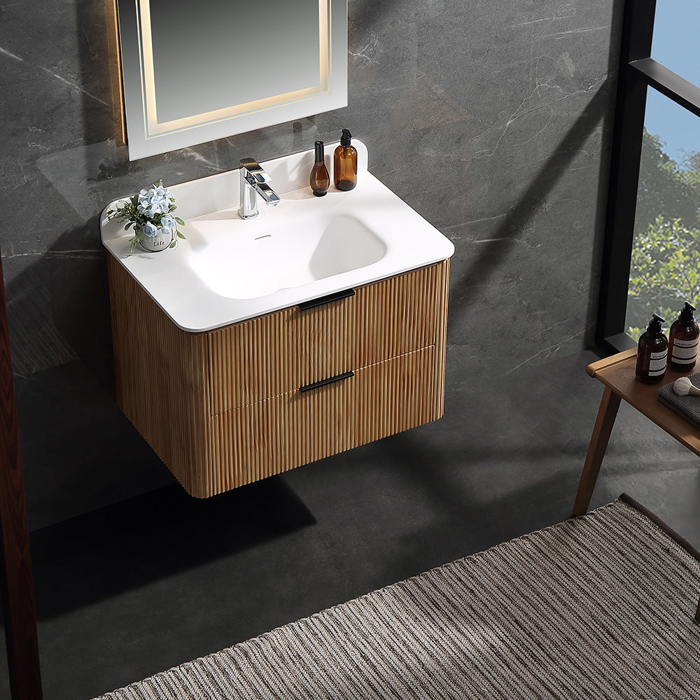 30 Inch Wall-mounted Reeded Oak Bathroom Vanity with Single Sink