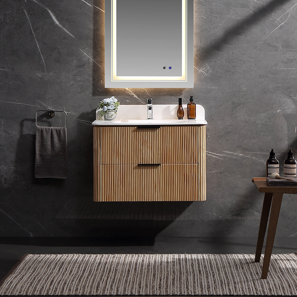 30 Inch Wall-mounted Reeded Oak Bathroom Vanity with Single Sink
