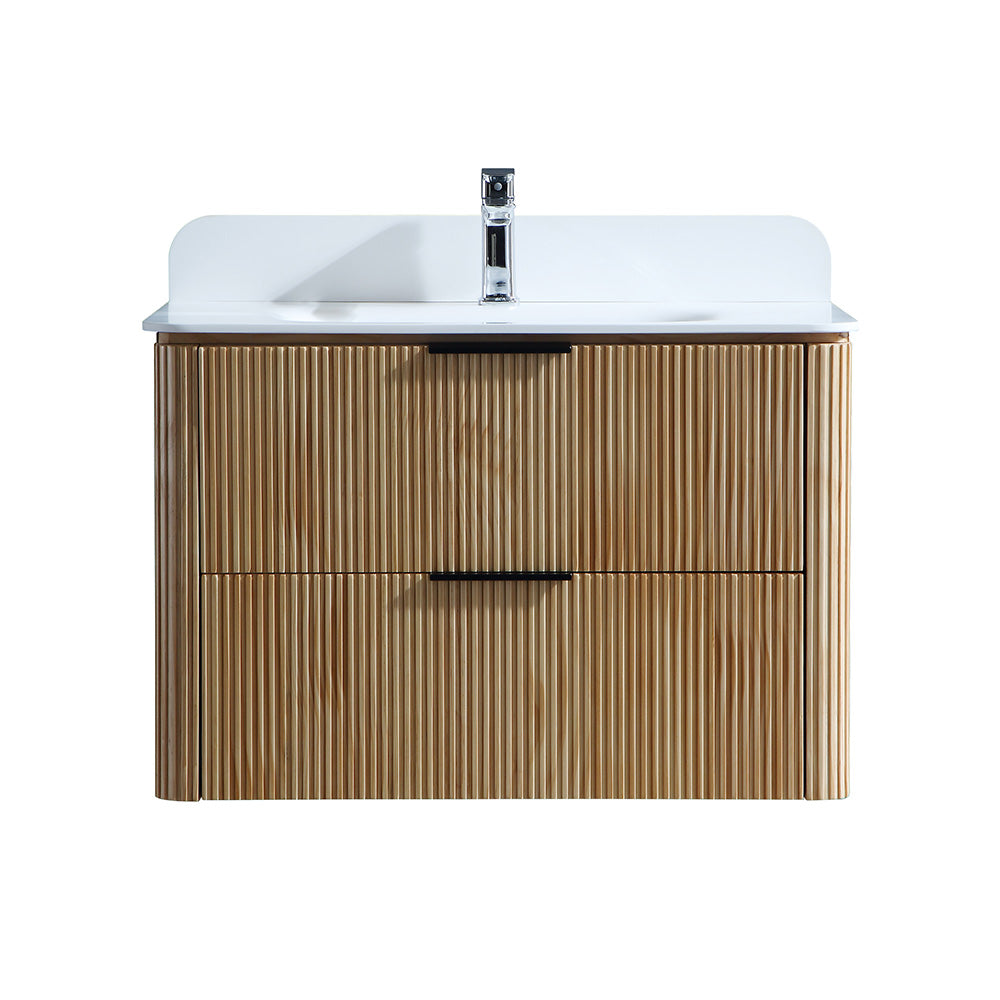 30 Inch Wall-mounted Reeded Oak Bathroom Vanity with Single Sink