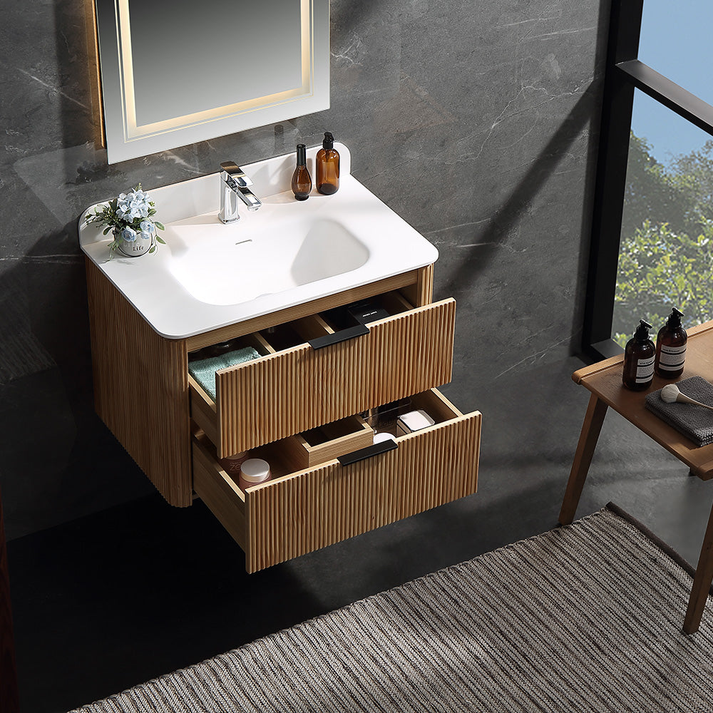 30 Inch Wall-mounted Reeded Oak Bathroom Vanity with Single Sink