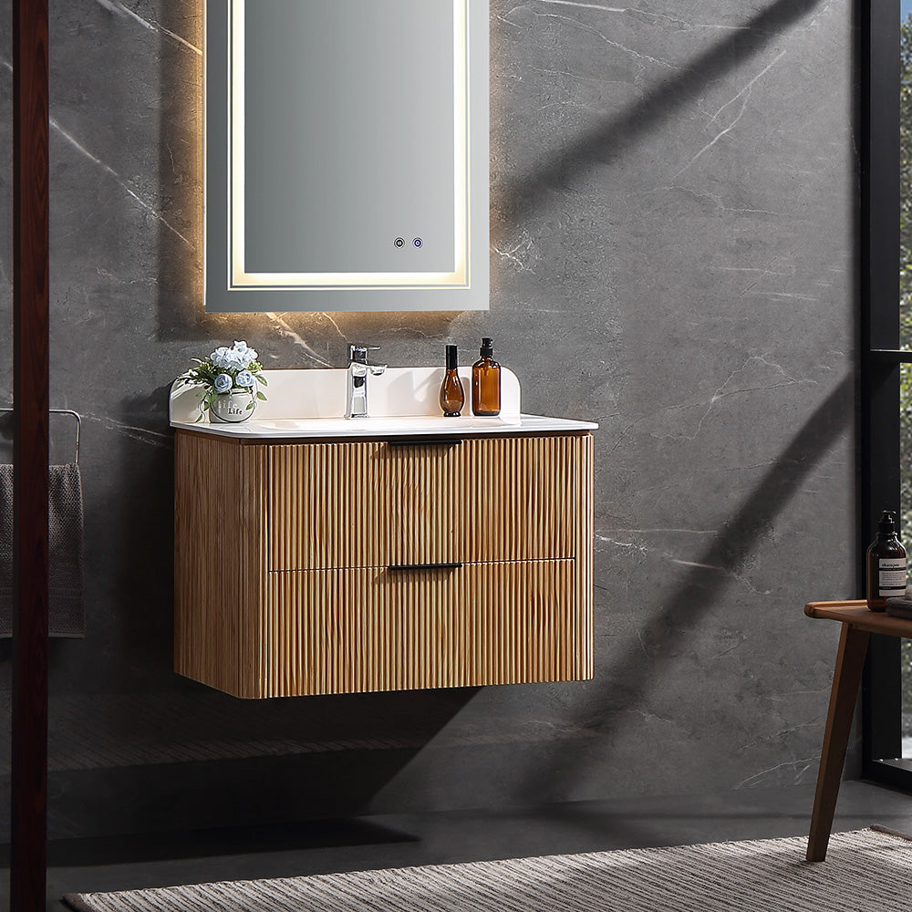 30 Inch Wall-mounted Reeded Oak Bathroom Vanity with Single Sink