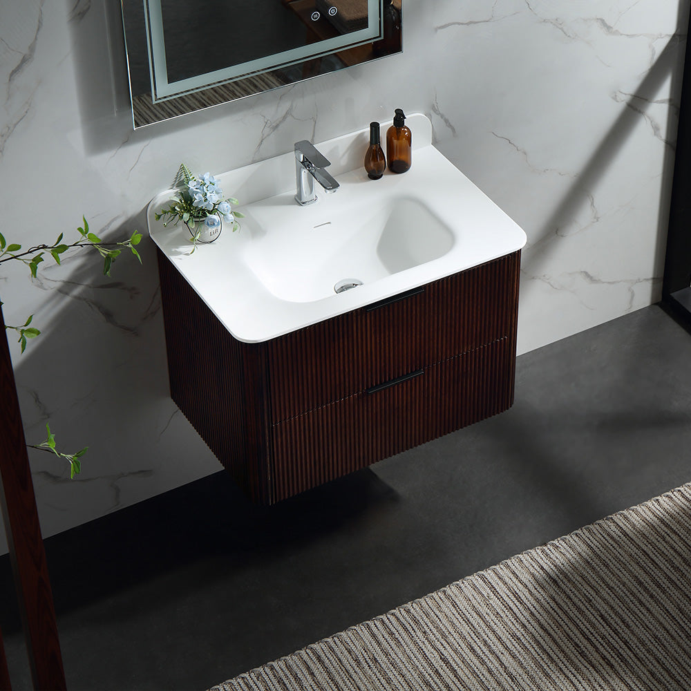 30 Inch Wall-mounted Reeded Oak Bathroom Vanity with Single Sink