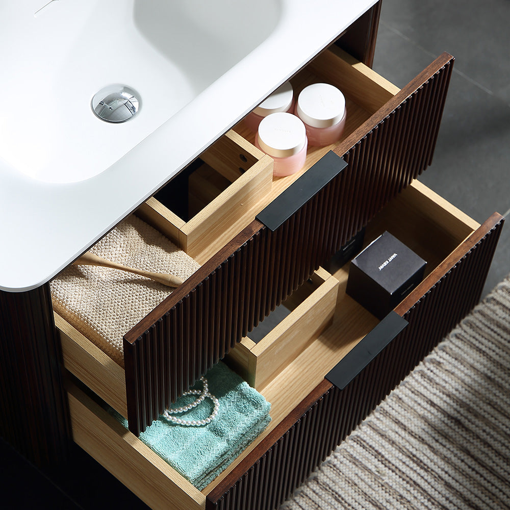 30 Inch Wall-mounted Reeded Oak Bathroom Vanity with Single Sink