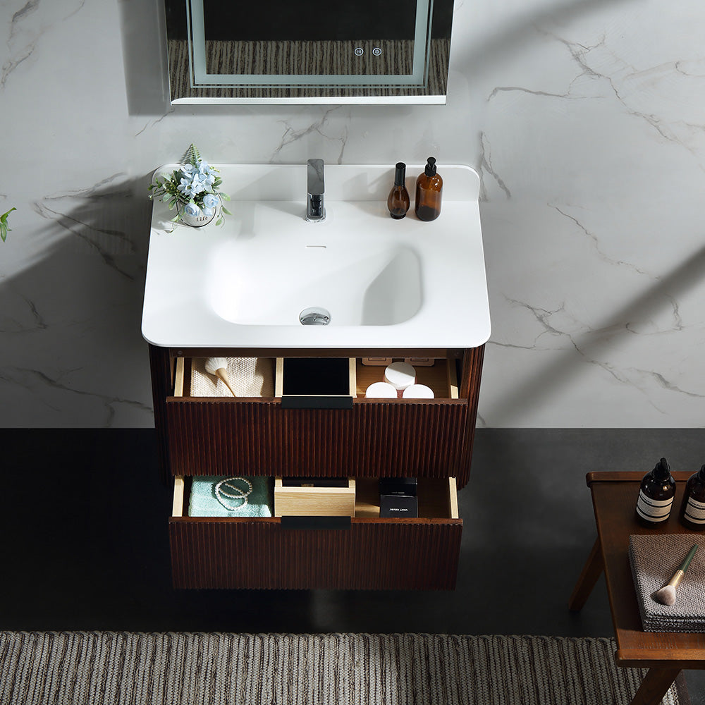 30 Inch Wall-mounted Reeded Oak Bathroom Vanity with Single Sink