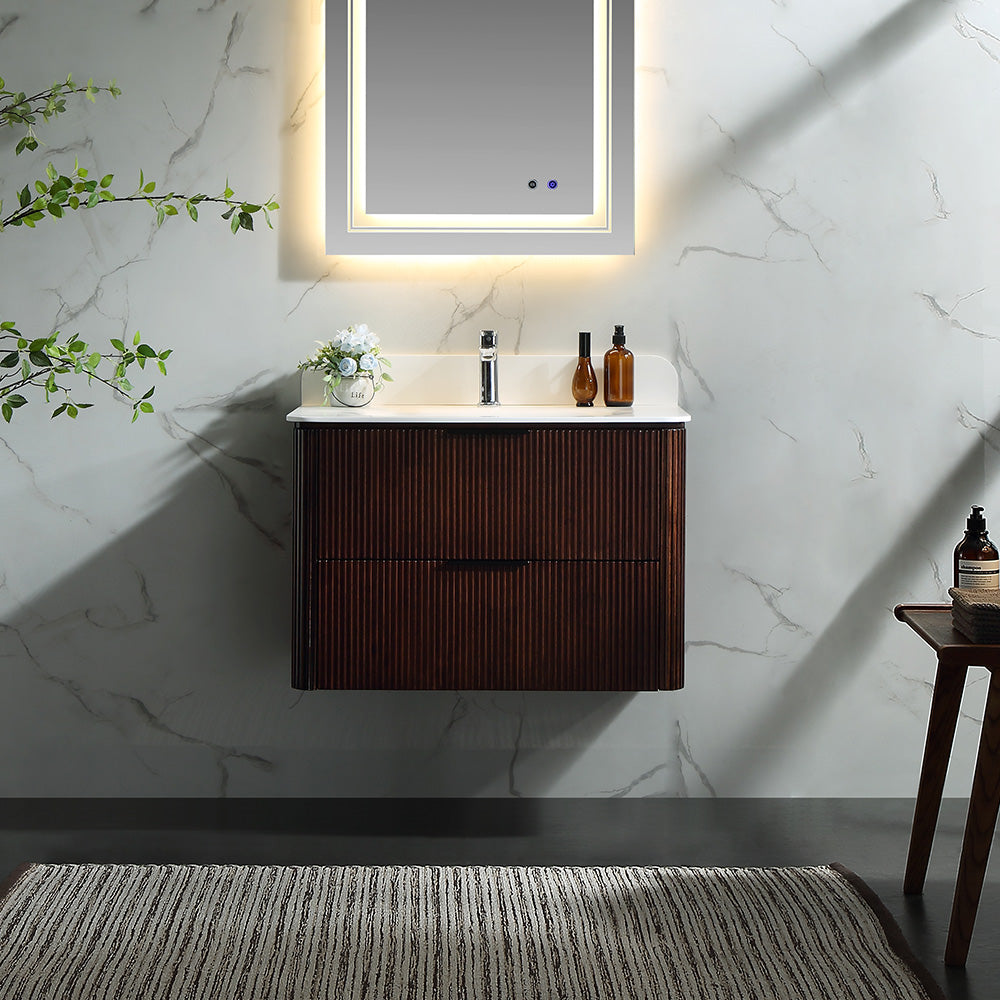30 Inch Wall-mounted Reeded Oak Bathroom Vanity with Single Sink