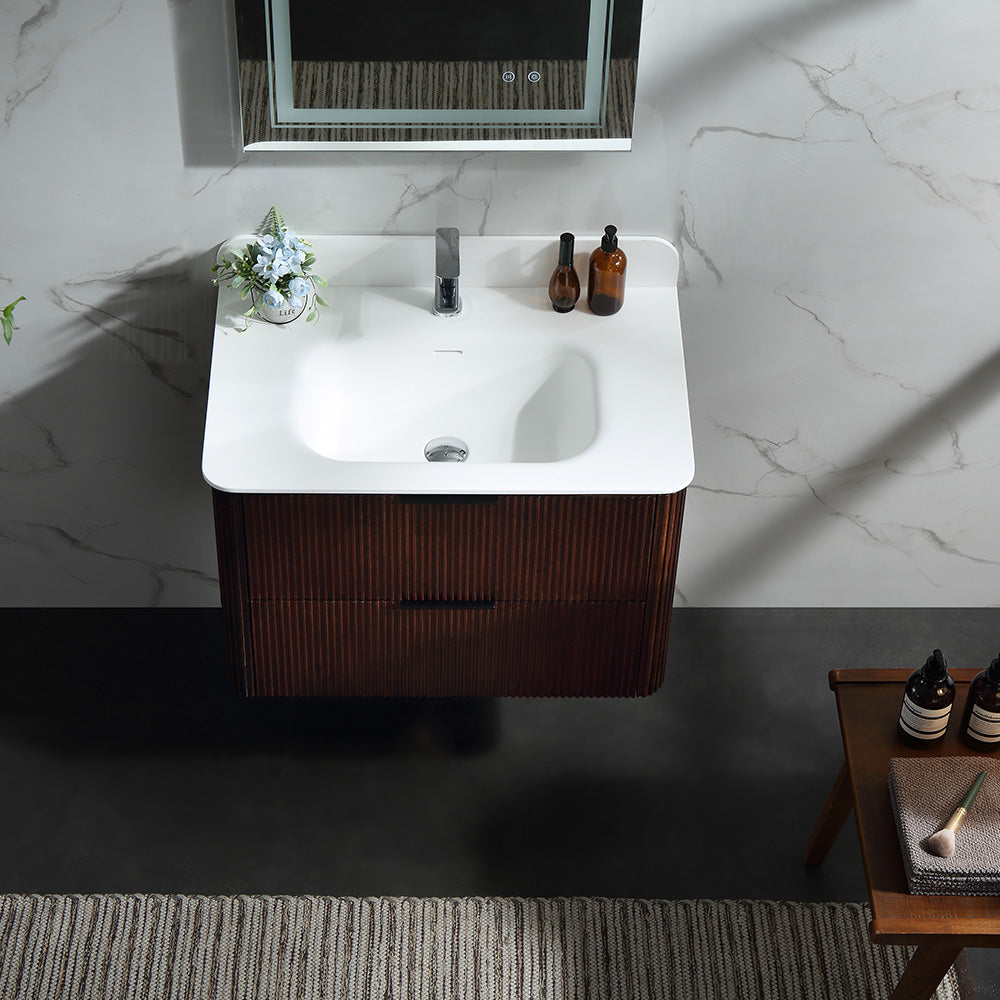 30 Inch Wall-mounted Reeded Oak Bathroom Vanity with Single Sink